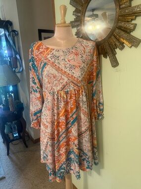 Umgee Boho Patchwork Long Sleeve Dress - Teal & Orange